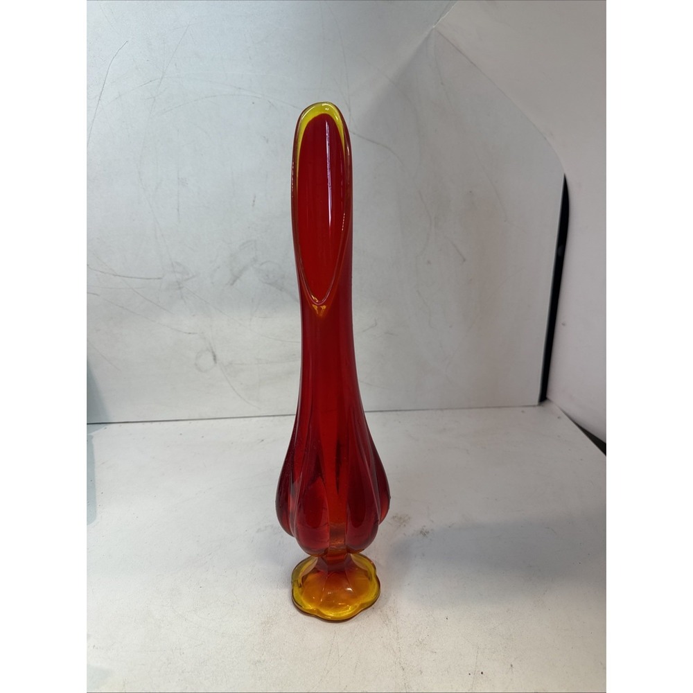 Vintage LE Smith Glass Amberina Red Yellow Swung Glass Six Petal Footed Vase 15"